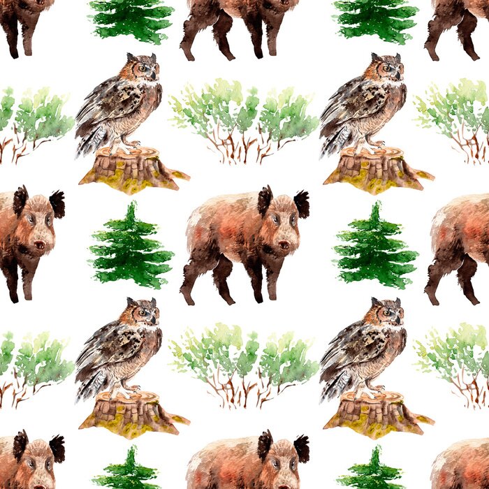Behang watercolor forest seamless pattern with animals and plants