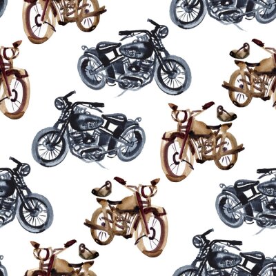 Behang Watercolor hand drawn motorcycle illustration. Seamless pattern.