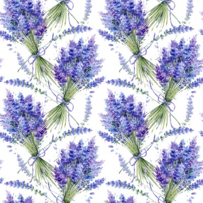 Behang Watercolor hand drawn texture (pattern) with lavender bouquets on white background