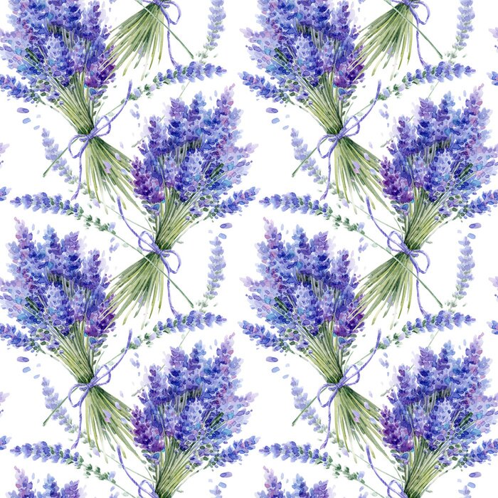 Behang Watercolor hand drawn texture (pattern) with lavender bouquets on white background
