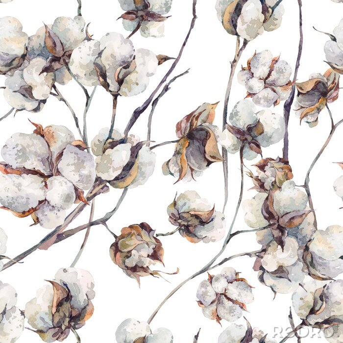 Behang Watercolor naadloze patroon met twijgen en katoen bloemen.
