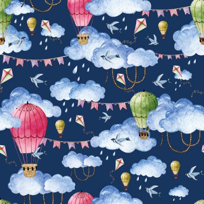Behang Watercolor pattern with balloons and clouds