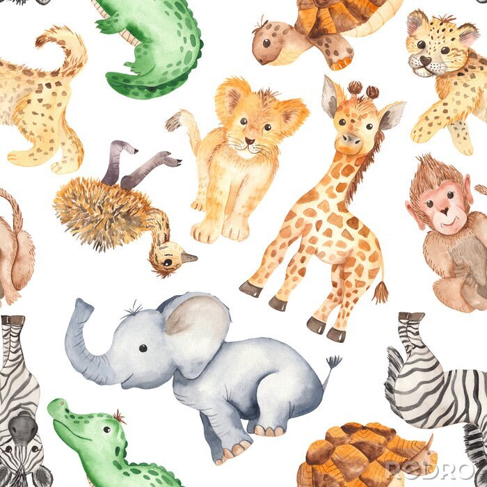 Behang Watercolor pattern with cute cartoon animals of Africa. Texture for wallpaper, packaging, scrapbooking, textiles, fabrics, children's clothing and design.