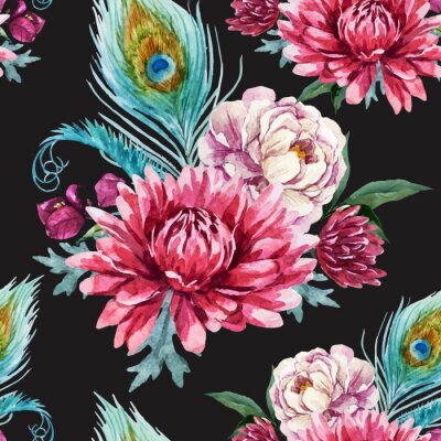 Behang Watercolor pauw en bloemenpatroon