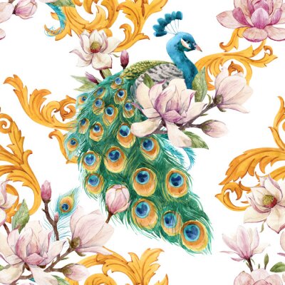 Behang Watercolor peacock pattern