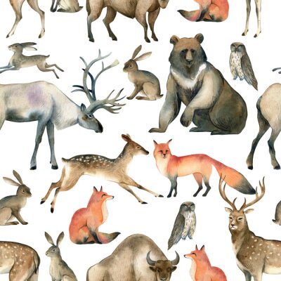 Behang Watercolor realistic forest animal sketch. Seamles pattern about red fox, hare, brown bear, deer, elk, owl, bison, stag