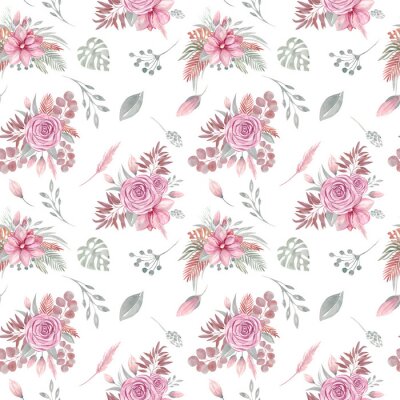 Behang Watercolor seamless pattern of floral elements on a white background Autumn boho dried flowers, tropical leaves, eucalyptus leaf and branch