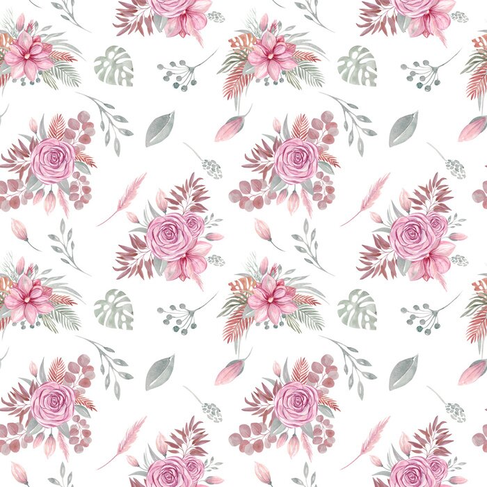 Behang Watercolor seamless pattern of floral elements on a white background Autumn boho dried flowers, tropical leaves, eucalyptus leaf and branch