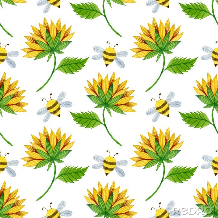 Behang Watercolor seamless pattern of sunflowers and bees on a white background.