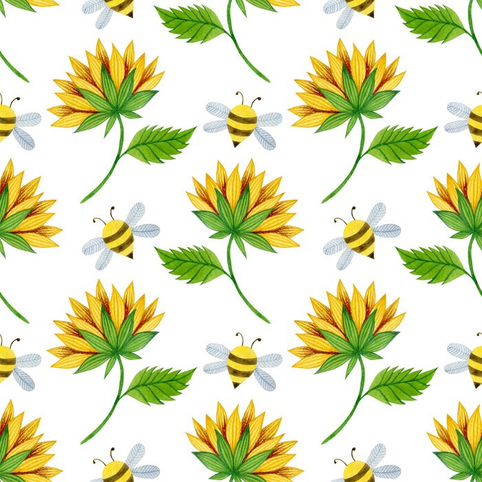 Behang Watercolor seamless pattern of sunflowers and bees on a white background.