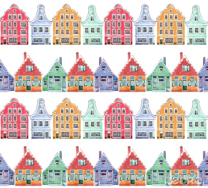Behang Watercolor seamless pattern with colorful house. Houses from the Dutch village.  Hand drawn illustration.