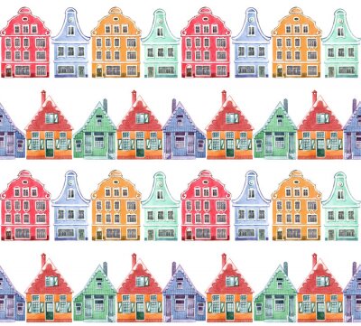 Behang Watercolor seamless pattern with colorful house. Houses from the Dutch village.  Hand drawn illustration.