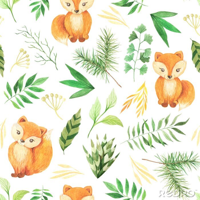 Behang Watercolor seamless pattern with cute foxes