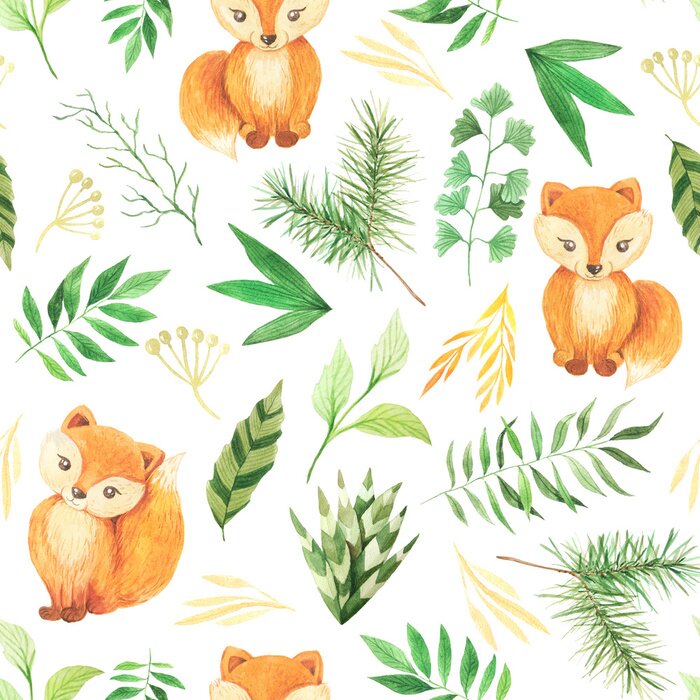 Behang Watercolor seamless pattern with cute foxes