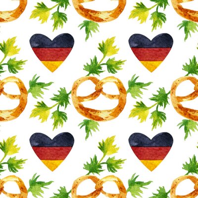 Behang Watercolor seamless pattern with hand drawn elements. Traditional Brezn pretzel, green leaves and German flag in heart shape on white background