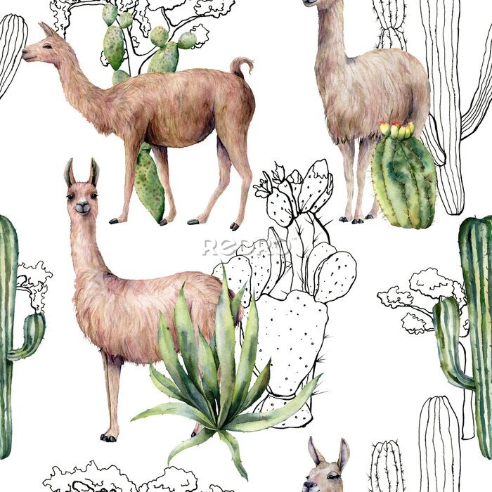 Behang Watercolor seamless pattern with llama and desert cacti. Hand painted botanical illustration with lama animal and plants on blue background. For design, print, fabric or background.