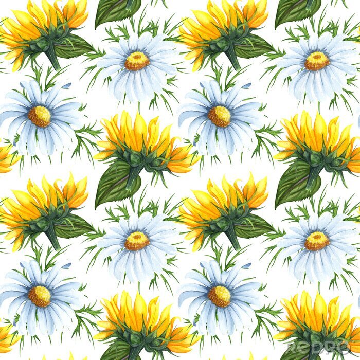 Behang Watercolor seamless pattern with sunflowers and chamomile flowers. Hand drawn beckground with wildflowers perfect for decorating textiles, packaging, wallpaper