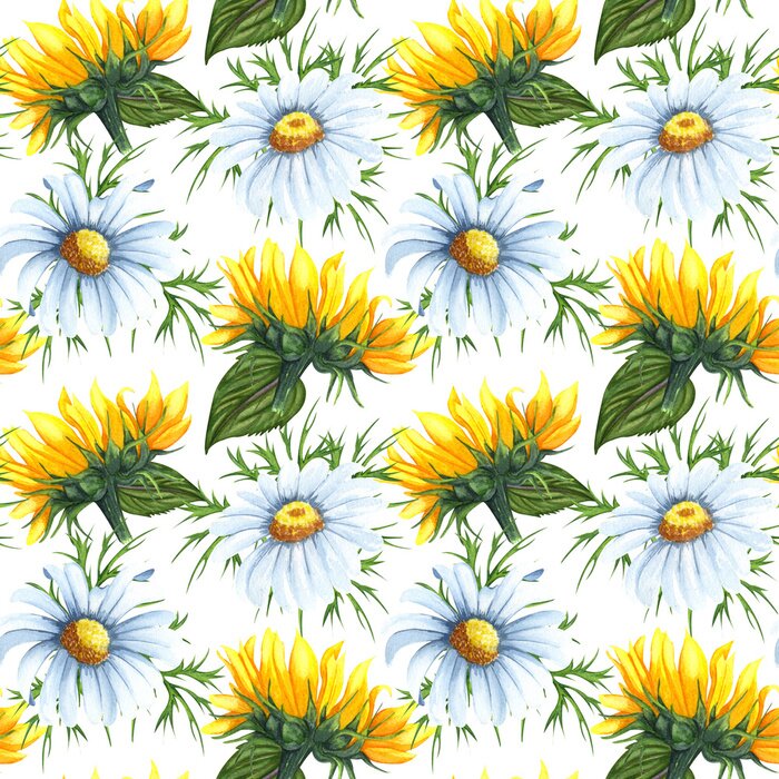 Behang Watercolor seamless pattern with sunflowers and chamomile flowers. Hand drawn beckground with wildflowers perfect for decorating textiles, packaging, wallpaper