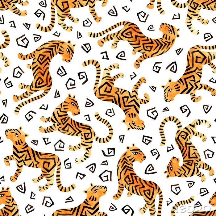 Behang Watercolor seamless pattern with tigers on white background. Hand painted raster illustration.