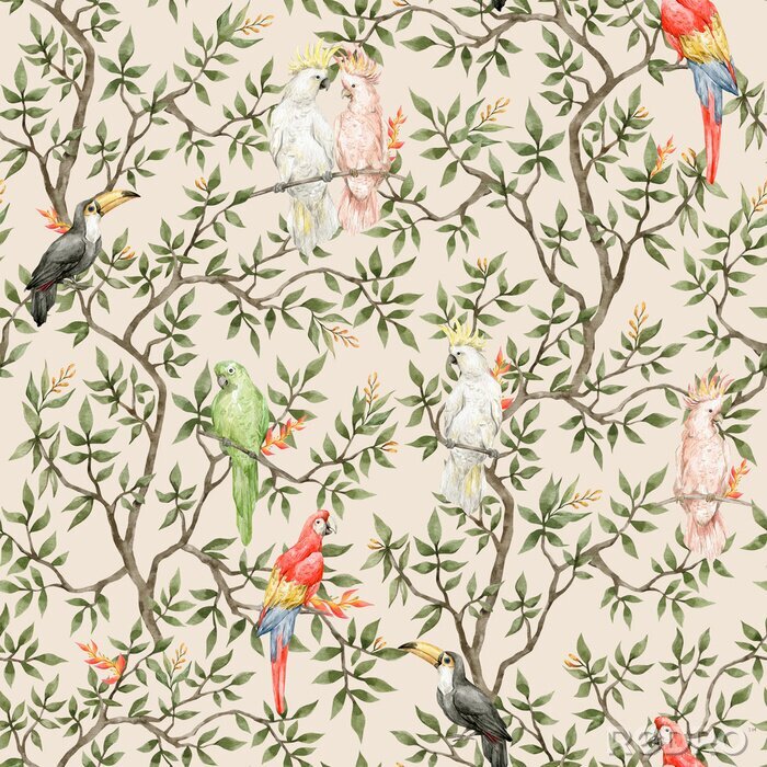 Behang Watercolor seamless pattern with trees and parrots. Vintage background in victorian style. Boho paradise jungle with branch and birds. Ara, toucan, cockatoo, in blossom tree.