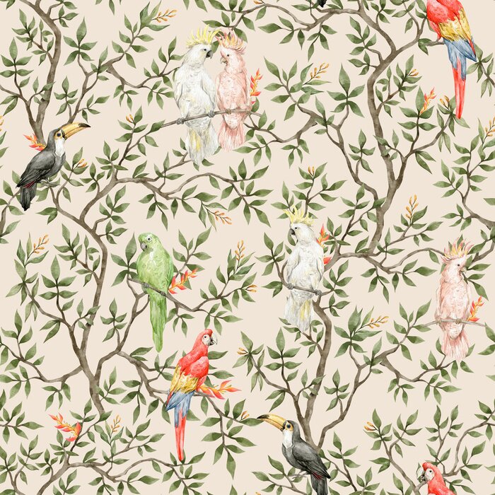 Behang Watercolor seamless pattern with trees and parrots. Vintage background in victorian style. Boho paradise jungle with branch and birds. Ara, toucan, cockatoo, in blossom tree.