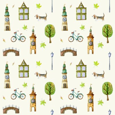 Behang Watercolor seamless pattern with vintage Amsterdam houses, turquoise retro bicycle, basset hound dog, bell tower and park trees.