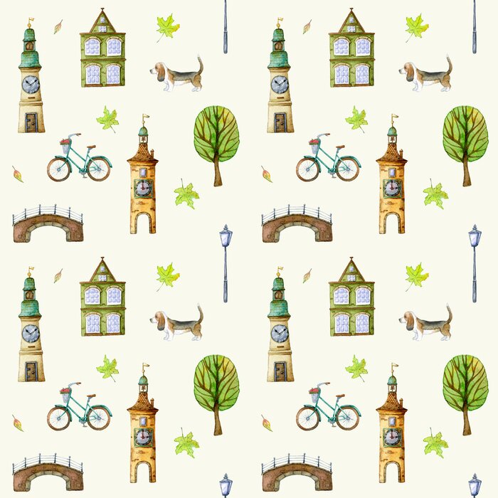 Behang Watercolor seamless pattern with vintage Amsterdam houses, turquoise retro bicycle, basset hound dog, bell tower and park trees.