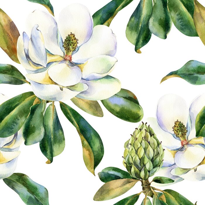 Behang Watercolor seamless pattern with white magnolia, green leaves, botanical painting isolated on a white background, floral painting, stock illustration.