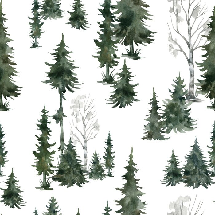 Behang Watercolor seamless pattern with winter trees. Spruce, birch, pine, Christmas tree. Nature background. Forest landscape.