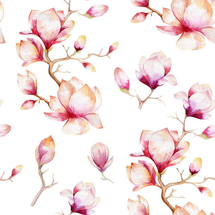 Behang Watercolor seamless wallpaper with  magnolia flowers, leaves.