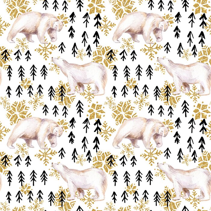 Behang Watercolor winter naadloze patroon met abstracte elementen.