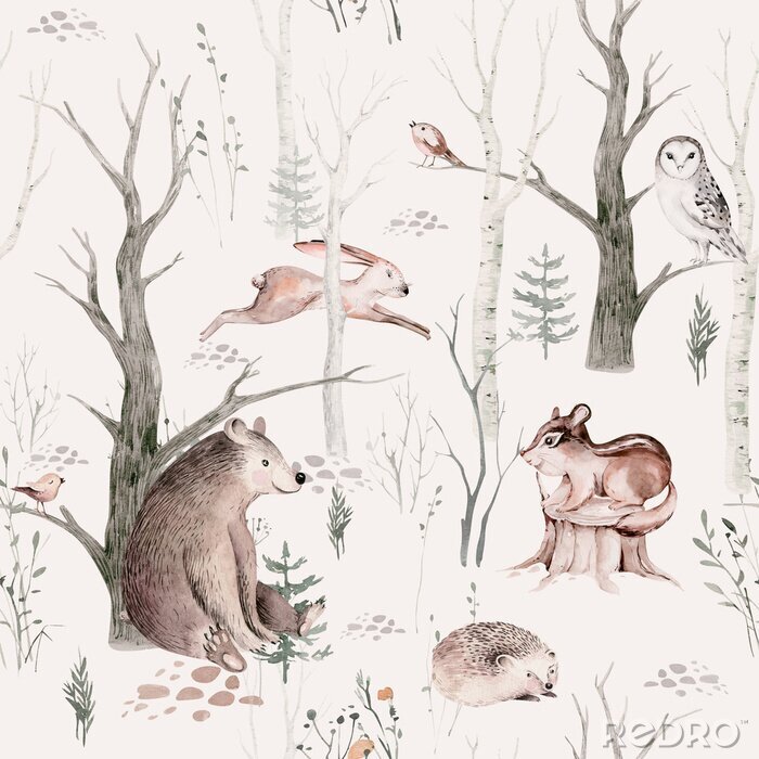 Behang Watercolor Woodland animal Scandinavian seamless pattern. Fabric wallpaper background with Owl, hedgehog, fox and butterfly, rabbit forest squirrel and chipmunk, bear and bird baby animal,