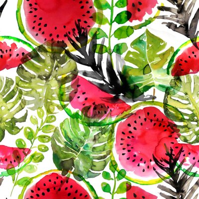 Behang Watermeloenen en bladeren die de aquareltechniek imiteren
