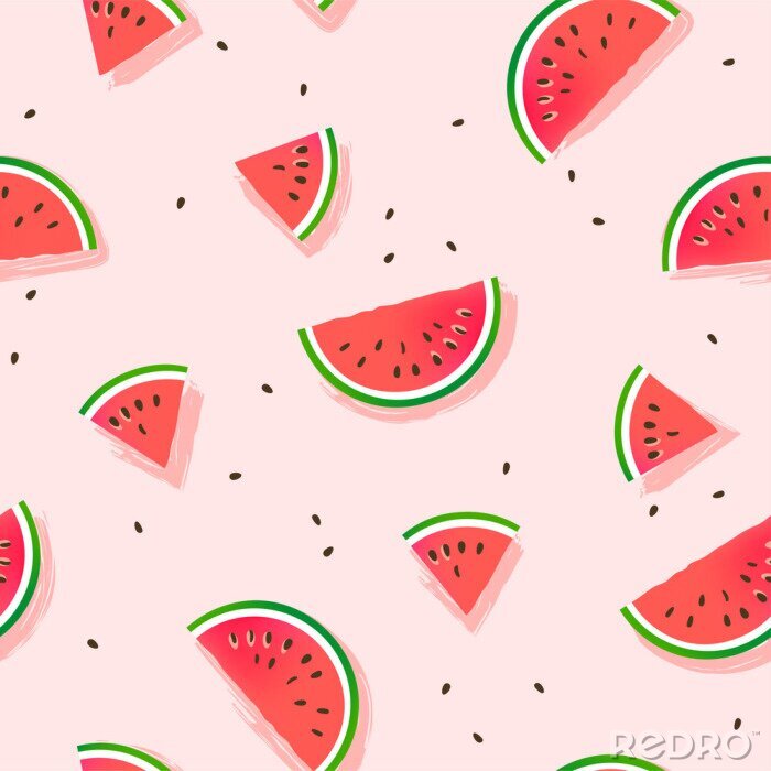 Behang Watermeloenen en zaden op een roze achtergrond
