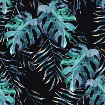 Behang Waterverf exotische naadloze patroon, groene tropische bladeren, botanische zomer illustratie op zwarte achtergrond