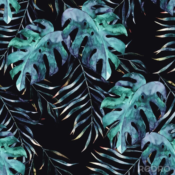 Behang Waterverf exotische naadloze patroon, groene tropische bladeren, botanische zomer illustratie op zwarte achtergrond