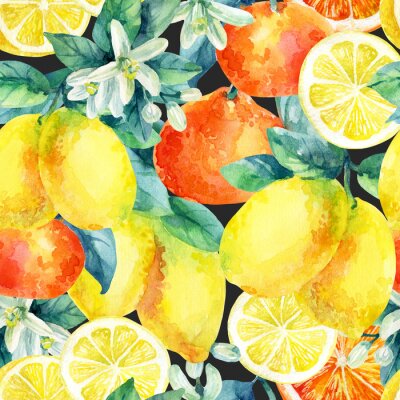 Behang Waterverf geschilderde citroenen en sinaasappelen