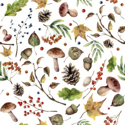 Behang Waterverf herfst bos patroon. Handgeschilderde paddestoel, Rowan, herfstbladeren, boomtak, dennenkegel, bes en eikel geïsoleerd op een witte achtergrond. Natuur illustratie voor ontwerp.