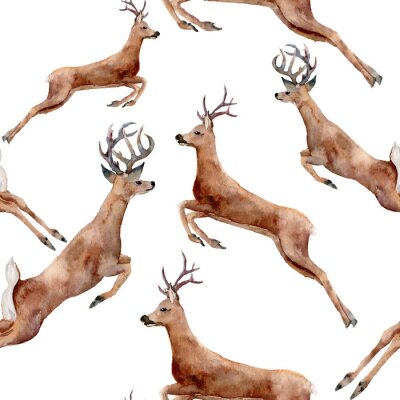 Behang Waterverf het lopende herten naadloos patroon. Kerstmis wilde dieren illustratie op een witte achtergrond voor ontwerp, print of achtergrond