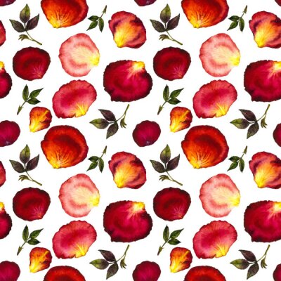 Behang Waterverf het naadloze patroon van roze en rode bloemblaadjes en bladeren van rozen op een witte achtergrond. Illustratie van de waterverf. Ontwerp voor stof, textiel, inpakpapier, kaart, uitnodiging,