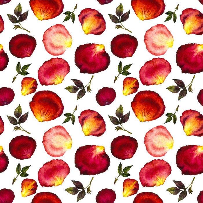 Behang Waterverf het naadloze patroon van roze en rode bloemblaadjes en bladeren van rozen op een witte achtergrond. Illustratie van de waterverf. Ontwerp voor stof, textiel, inpakpapier, kaart, uitnodiging,