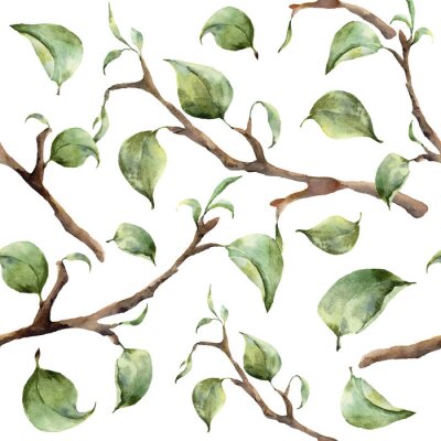 Behang Waterverf het patroon met takken en bladeren. Hand geschilderde voorjaar ornament met bloemen elementen met bladeren op een witte achtergrond. Voor het ontwerp en de stof