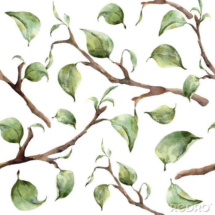Behang Waterverf het patroon met takken en bladeren. Hand geschilderde voorjaar ornament met bloemen elementen met bladeren op een witte achtergrond. Voor het ontwerp en de stof