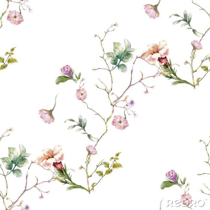 Behang Waterverf het schilderen van blad en bloemen, naadloos patroon op witte achtergrond