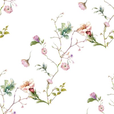 Behang Waterverf het schilderen van blad en bloemen, naadloos patroon op witte achtergrond