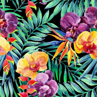 Behang Waterverf het tropische bladeren en bloemen naadloos patroon.