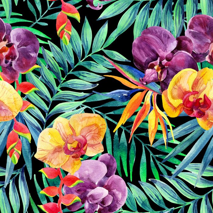 Behang Waterverf het tropische bladeren en bloemen naadloos patroon.