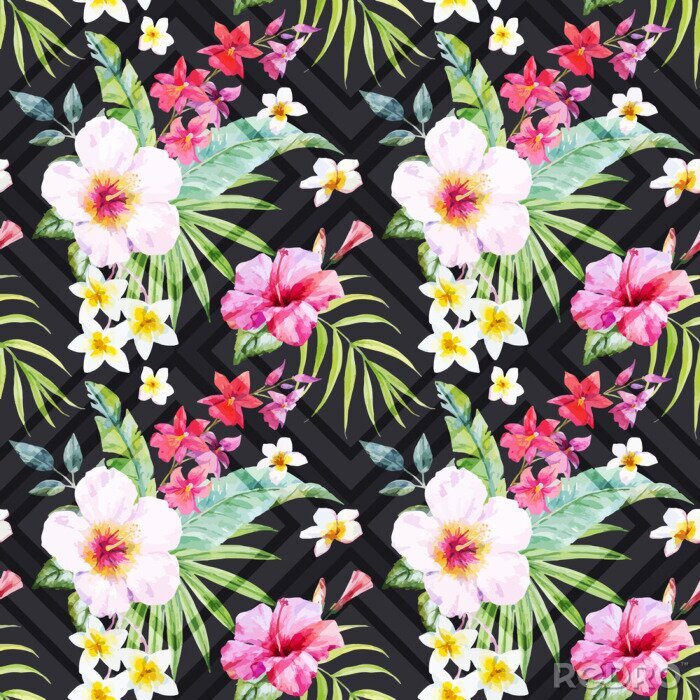 Behang Waterverf het tropische bloemmotief