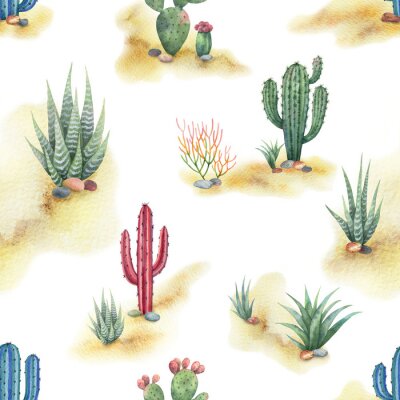 Behang Waterverf naadloos die patroon van landschap met woestijn en cactussen op witte achtergrond wordt geïsoleerd.