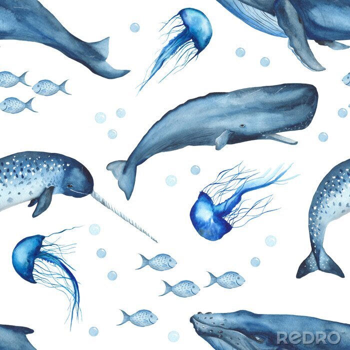 Behang Waterverf naadloos patroon met walvissen, kwallen, potvis, narwal. Textuur met oceanische zoogdieren voor behang, verpakkingen, scrapbooking, stoffen, textiel.